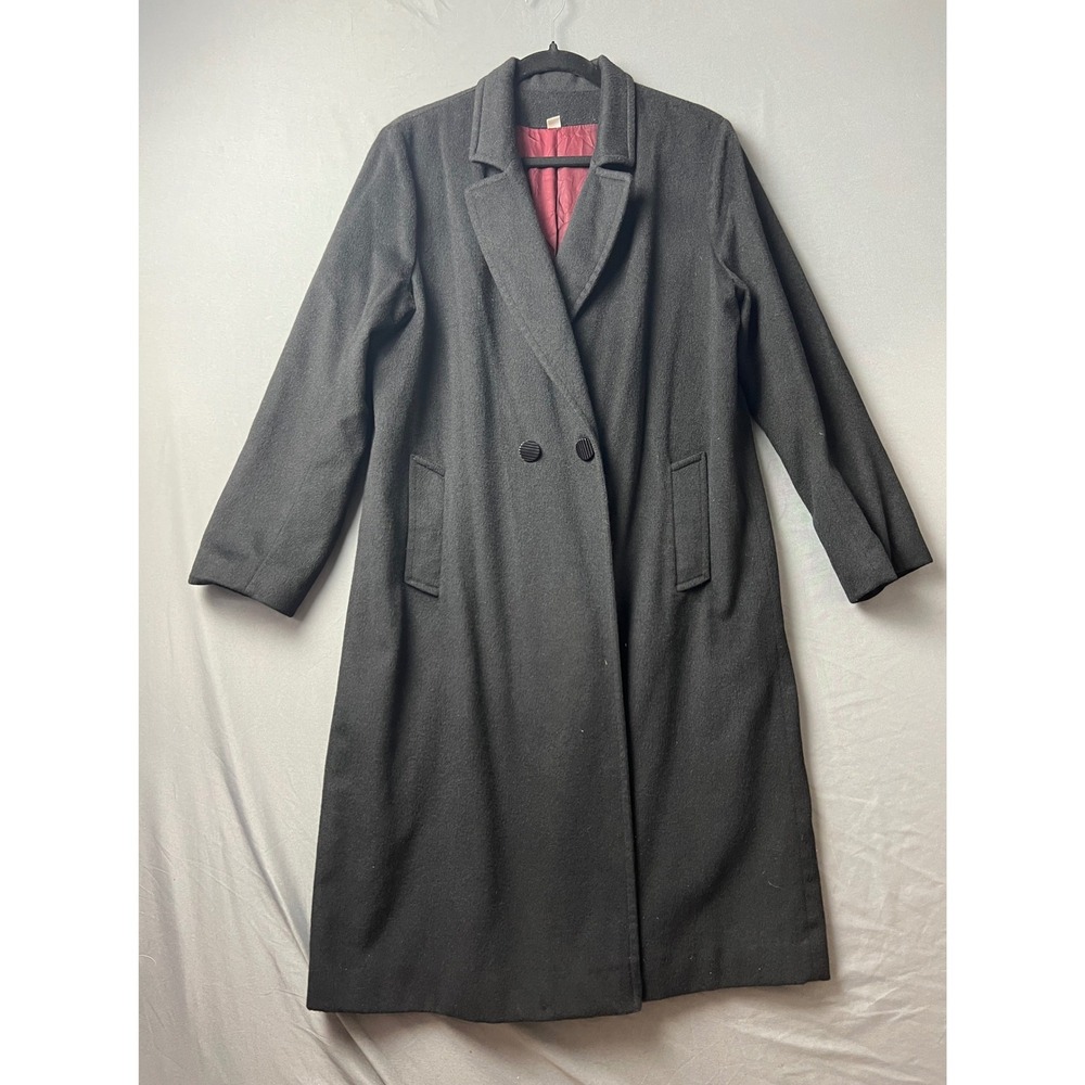 Leslie Fay Cashmere Wool Coat Womens L Overcoat Black Vintage Made in USA Good